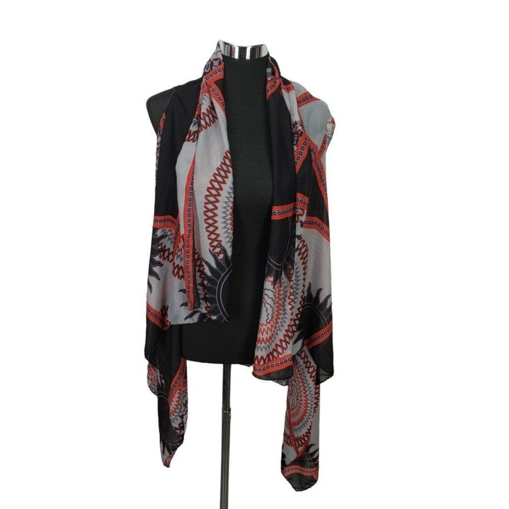 Accents by Lavello Convertible‎ Vest Wrap Black Tribal Floral Shawl Semi Sheer
